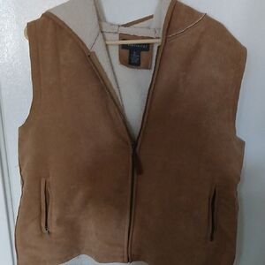 Relativity Camel Suede-Look Hooded Vest with Cream Sherpa